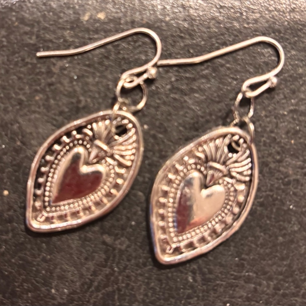 Silver tone flaming Heart Dangle Milagros Earrings Handmade